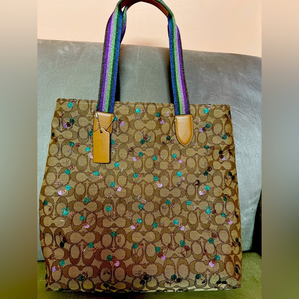Large Champagne and Brown Coach Bag with Purple and Teal Cherry Detail